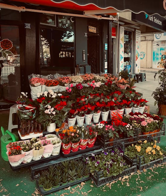 An outdoor flower display in front of a shop on Greenford Road, featuring an array of fresh floral arrangements. The arrangement includes predominantly red and pink flowers, such as roses and cyclamen