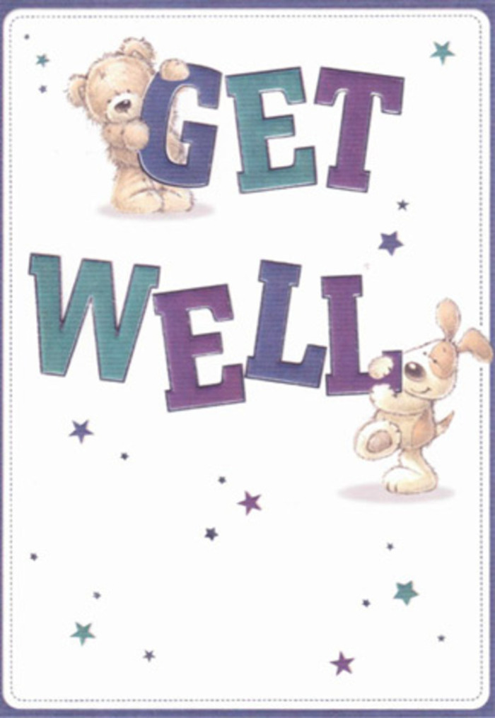 This joyful get well card is bursting with heartfelt encouragement, artfully depicted in the friendly collaboration of a lovable bear and a faithful puppy. They dance around bold, cheerful lettering shaded perfectly in Northolt-inspired hues of purple and aqua, their energy evoking the playful laughter of families enjoying a sunny afternoon at Rectory Park. The star-shaped accents scattered across the border suggest a flurry of good wishes, twinkling like the lights that glow in shop windows along Ealing Road. There's a near-tactile quality here-the bear's plush fur and the puppy's velvety ears rendered so vividly that you can almost feel the comfort and softness. It's easy to conjure the companionable feeling of sending this card tucked beside a vibrant get well bouquet, crafted by Northolt florists who understand how to uplift spirits with floral artistry. The overall mood is airy and gentle, offering reassurance and strength, and the entire composition radiates the thoughtful care that defines Flowers Northolt's approach to every local delivery-bringing a touch of comfort to those in need across the neighbourhood.