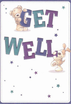 This enchanting get well card, reminiscent of peaceful moments in Northolt's green spaces, features a cuddly bear perched atop the word 'GET', its fluffy texture rendered in delicate strokes, while an exuberant pup snuggles affectionately against the prominent 'WELL' below. Their playful energy and gentle, expressive faces stir the heart with a sense of lightness and hope, echoing the spirit you'd find in the community at Lime Tree Park. The bold, bubbly typography in deep shades of purple and teal commands attention yet soothes, matched by the scattering of star motifs that seem to shimmer with possibility and encouragement. The crisp, creamy background offers the visual clarity of a bright morning on Mandeville Road, creating an atmosphere of cleanliness and promise-much needed when sending a gesture of care to someone on the mend. As a local florist, I sense the same nurturing intention in this composition as in a hand-prepared bouquet, each detail thoughtfully placed to uplift and comfort. The artwork's harmonious blend of innocence and sincerity mirrors the community support often felt in Northolt, making this card a perfect companion to fresh flowers sent with heartfelt wishes.